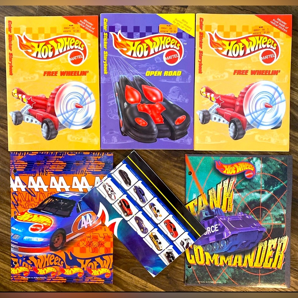 RARE 1998 HOT WHEELS 3-Color Sticker Storybooks, 2-Hot Wheels Folders & 1 Poster